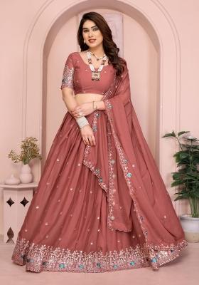 Peach Embroidery Georgette Lehenga Set