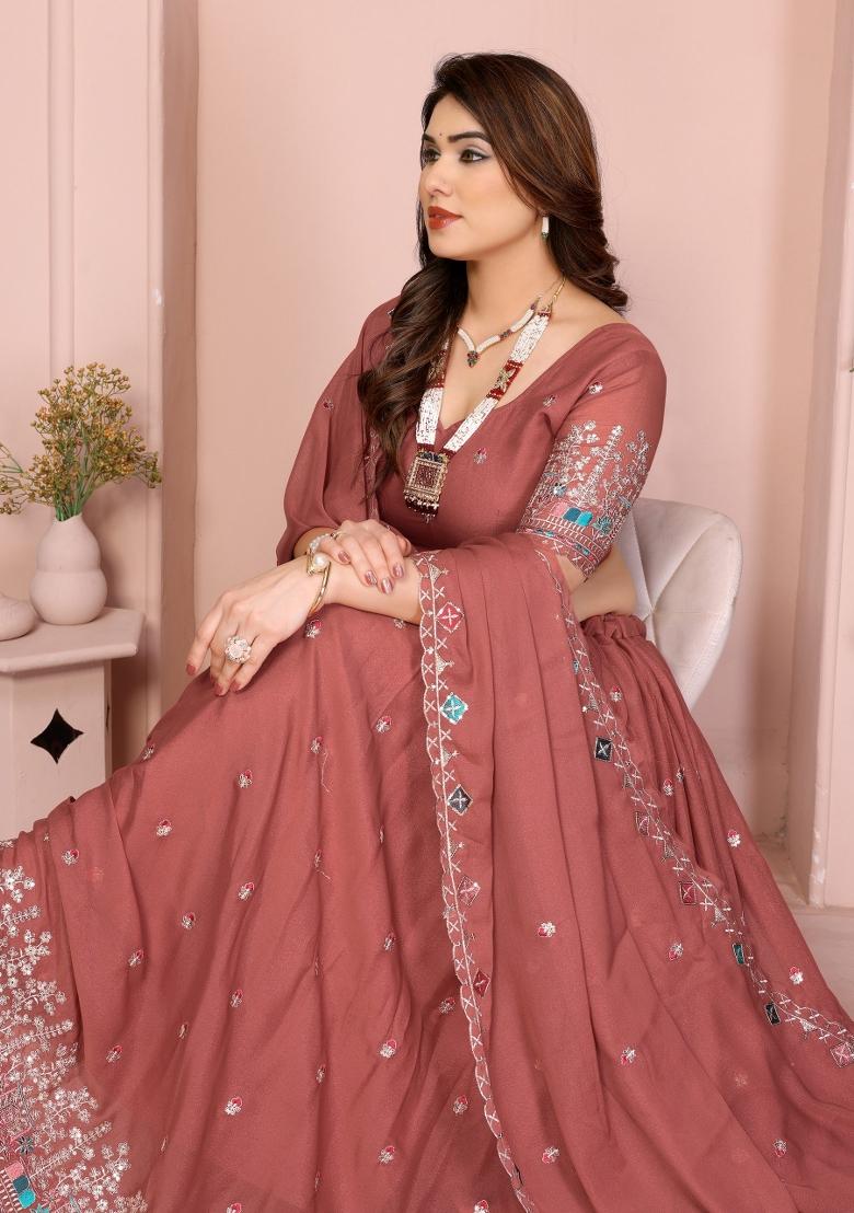 Peach Embroidery Georgette Lehenga Set - Indya