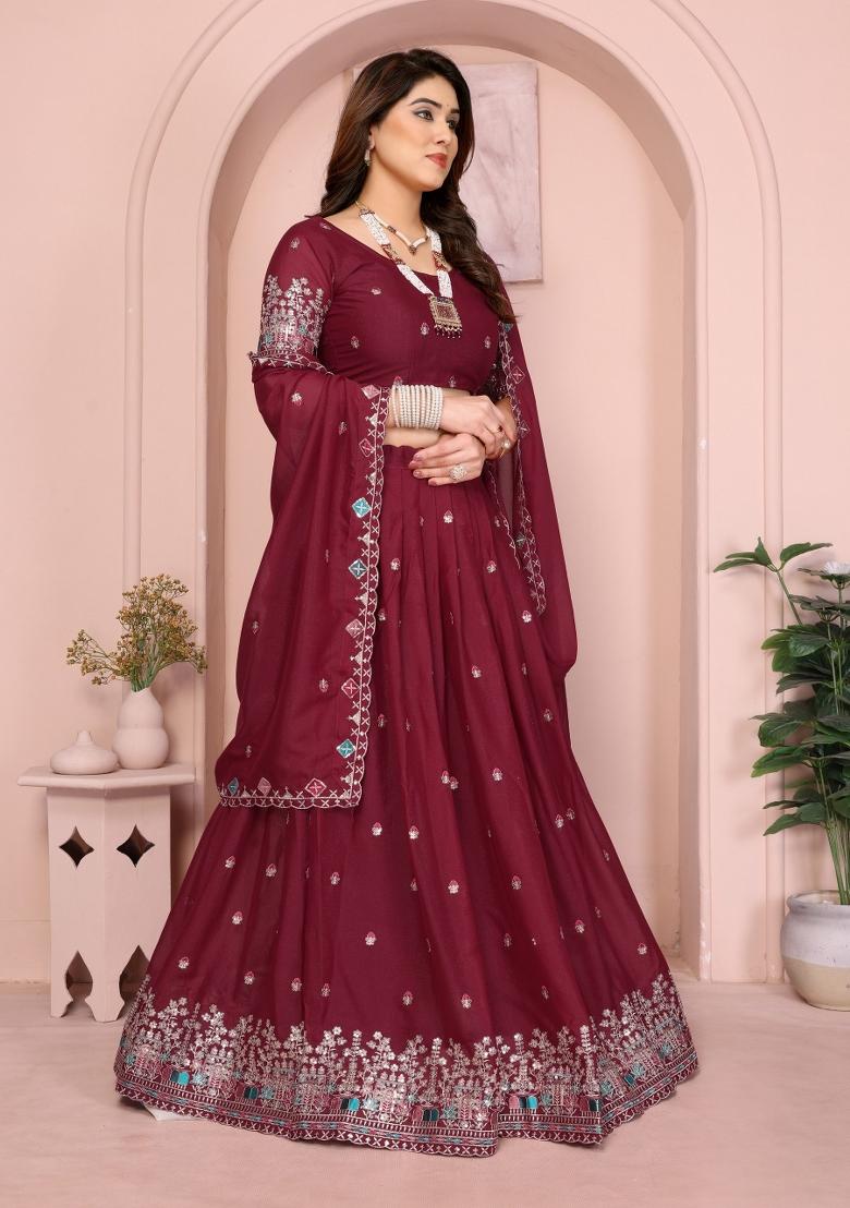 Maroon Embroidery Georgette Lehenga Set - Indya
