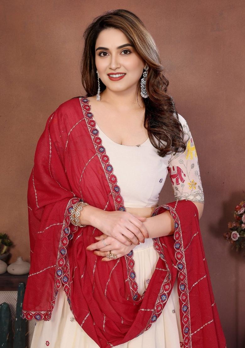 White Embroidery Georgette Lehenga Set - Indya