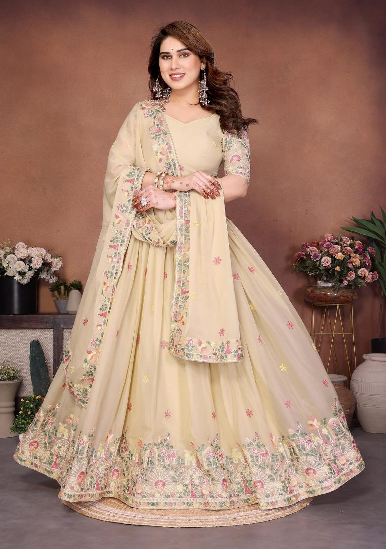 Beige Embroidery Georgette Lehenga Set - Indya