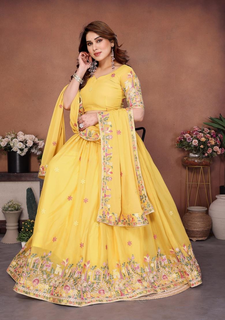Yellow Embroidery Georgette Lehenga Set - Indya