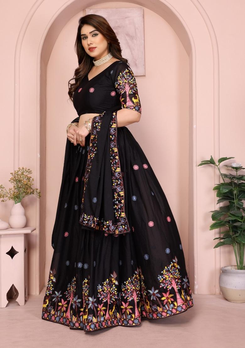Black Embroidery Georgette Lehenga Set - Indya