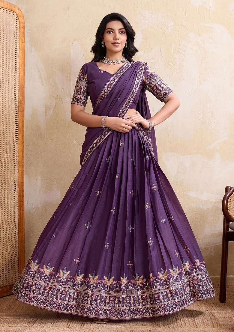 Purple Embroidery Georgette Lehenga Set for Diwali and Festive Wear - Indya