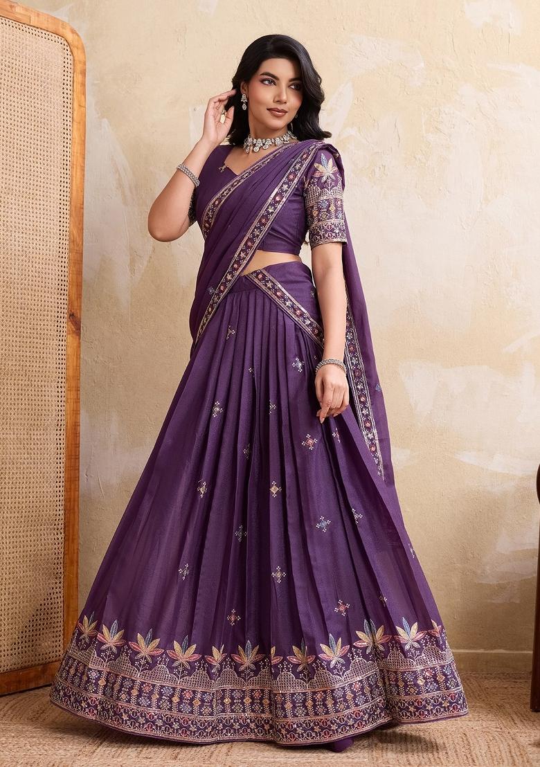 Purple Embroidery Georgette Lehenga Set - Indya