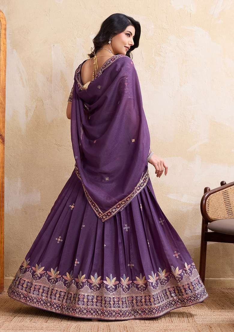 Purple Embroidery Georgette Lehenga Set for Diwali and Festive Wear - Indya