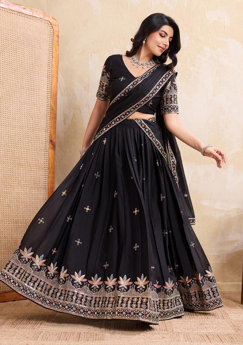 Black Embroidery Georgette Lehenga Set - Indya