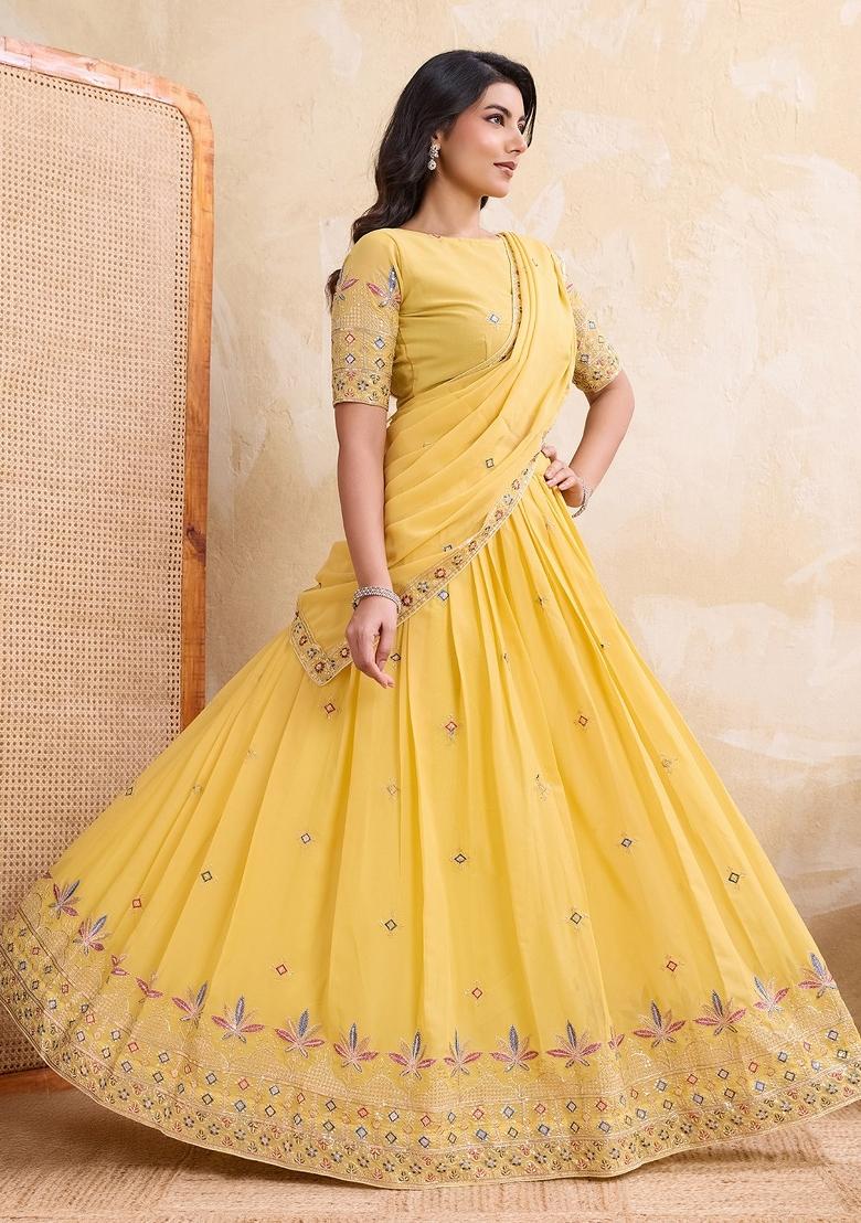 Yellow Embroidery Georgette Lehenga Set - Indya