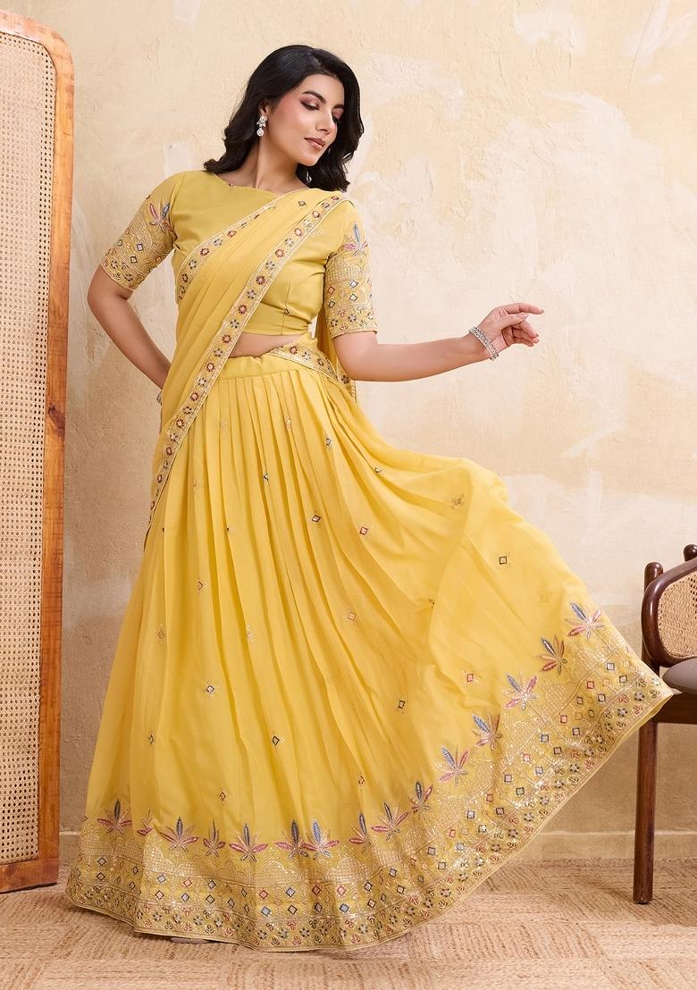Yellow Embroidery Georgette Lehenga Set - Indya
