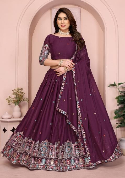 Purple Embroidery Georgette Lehenga Set