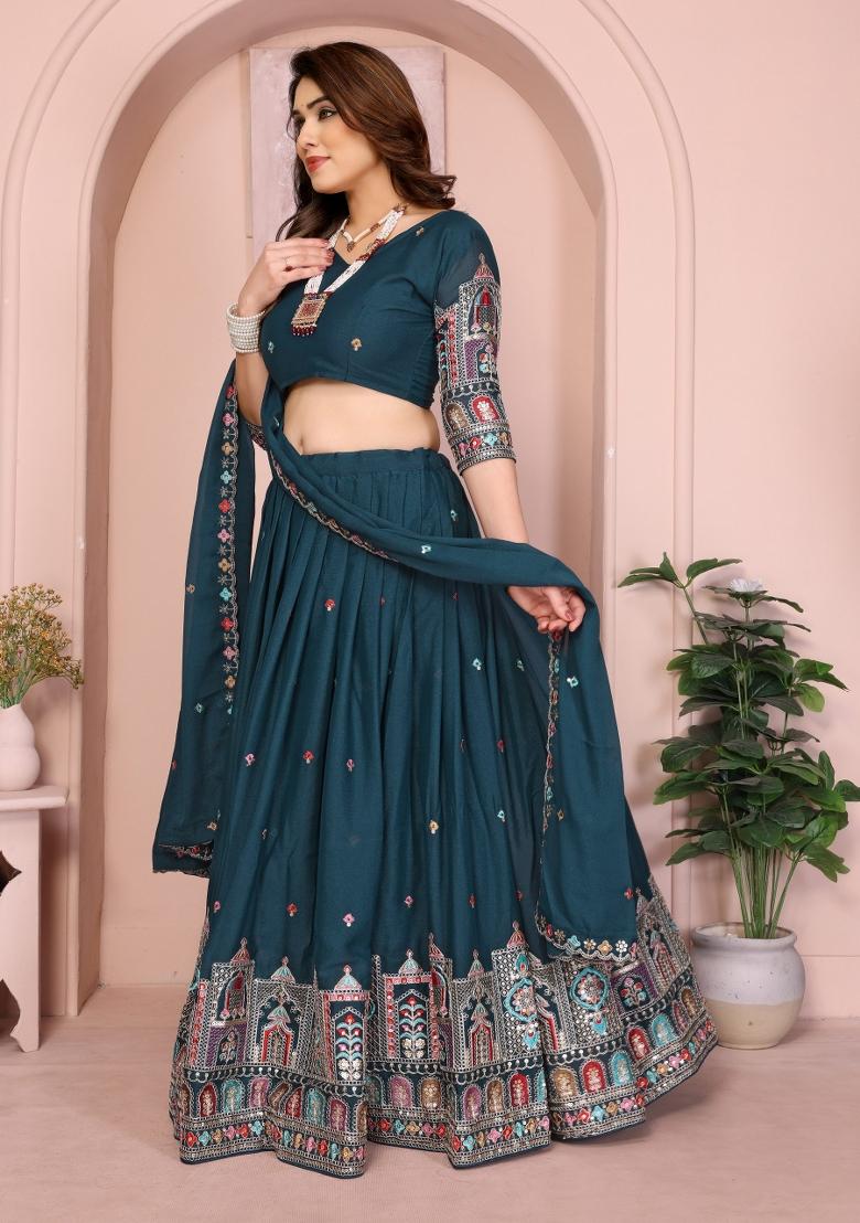 Blue Embroidery Georgette Lehenga Set - Indya