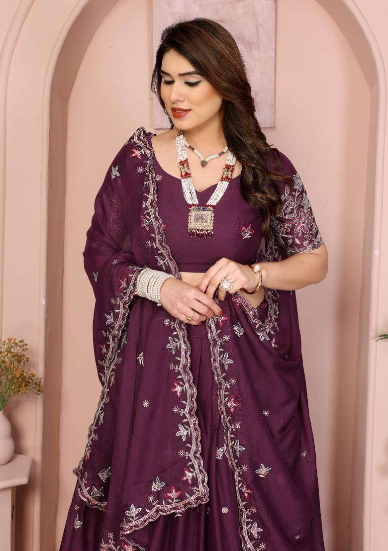 Purple Embroidery Georgette Lehenga Set - Indya