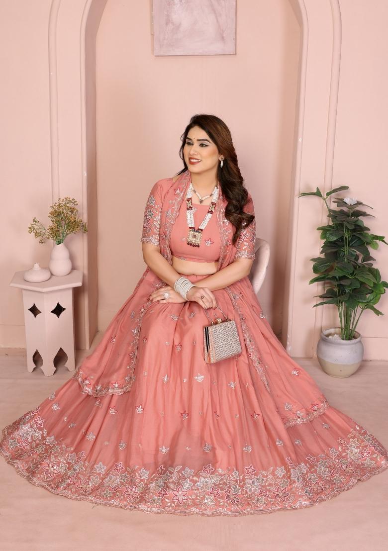 Pink Embroidery Georgette Lehenga Set - Indya