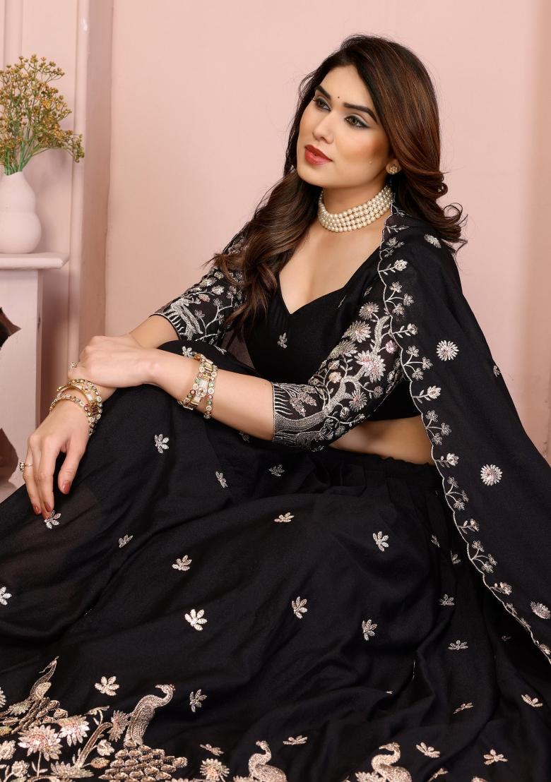 Black Embroidery Georgette Lehenga Set - Indya