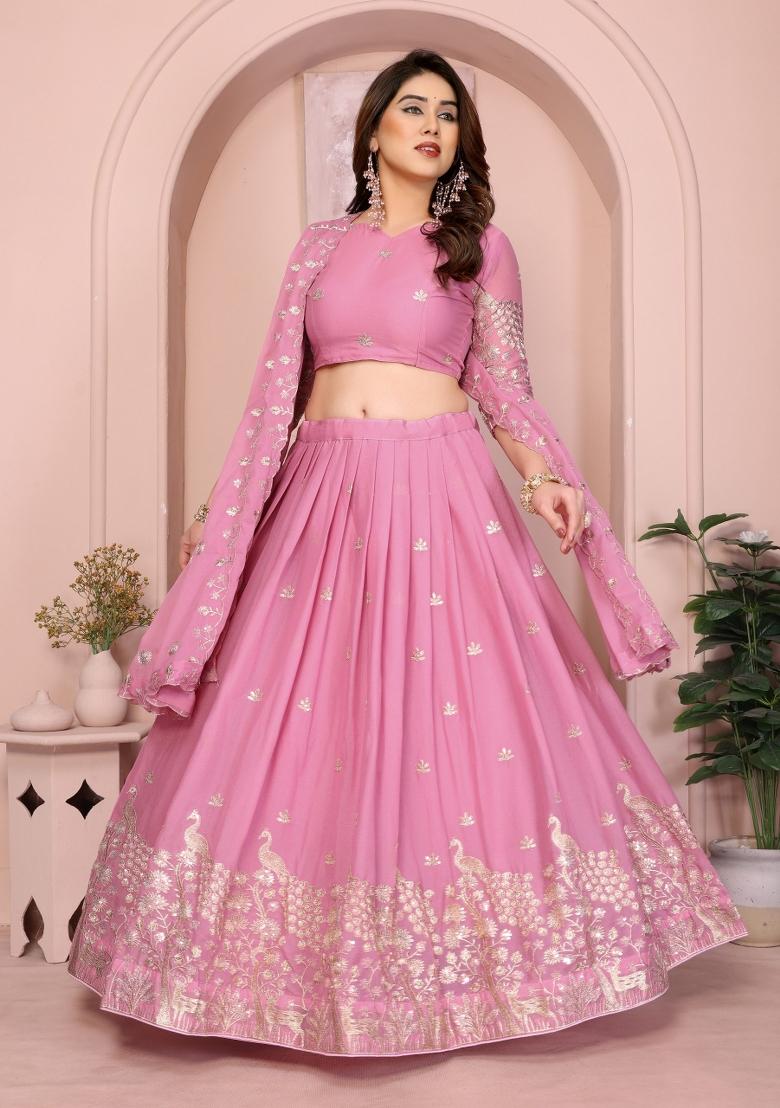 Pink Embroidery Georgette Lehenga Set - Indya