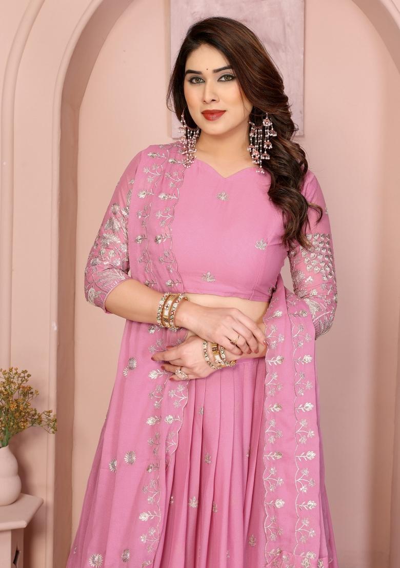 Pink Embroidery Georgette Lehenga Set - Indya