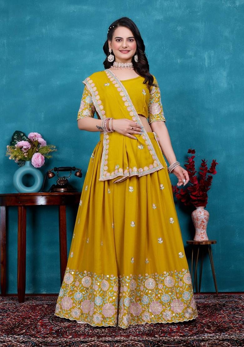 Yellow Embroidery Georgette Lehenga Set - Indya