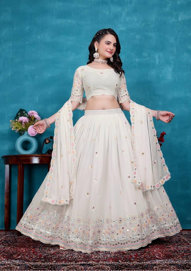 White Embroidery Georgette Lehenga Set - Indya