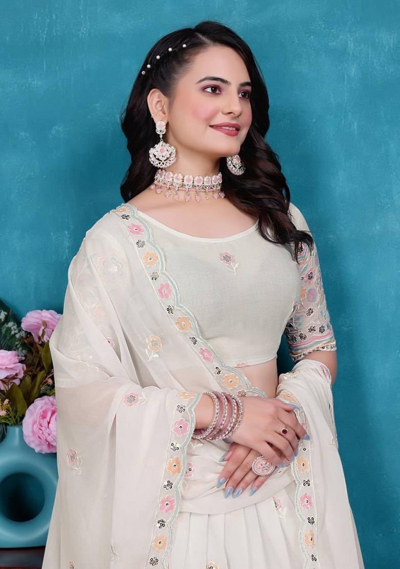 White Embroidery Georgette Lehenga Set - Indya