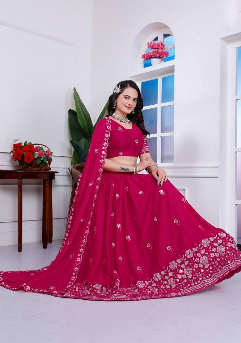 Pink Embroidery Georgette Lehenga Set - Indya