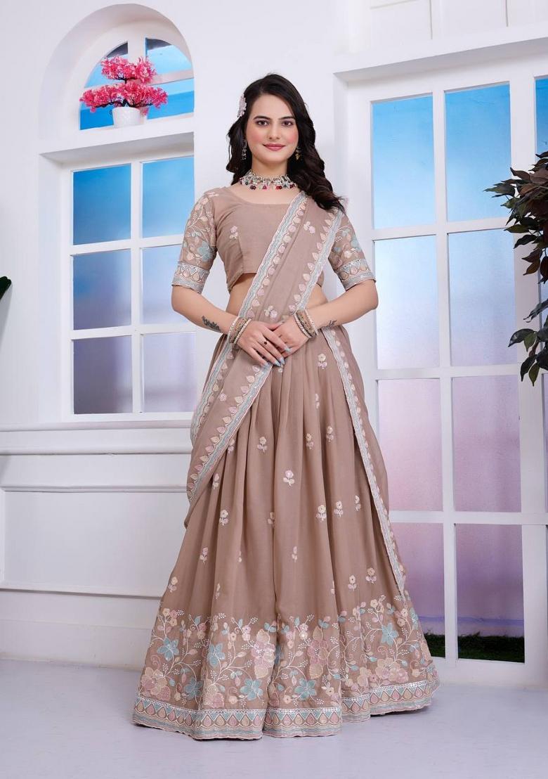 Brown Embroidery Georgette Lehenga Set - Indya