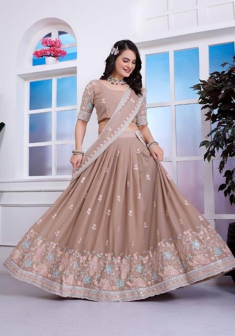 Brown Embroidery Georgette Lehenga Set — view on Indya