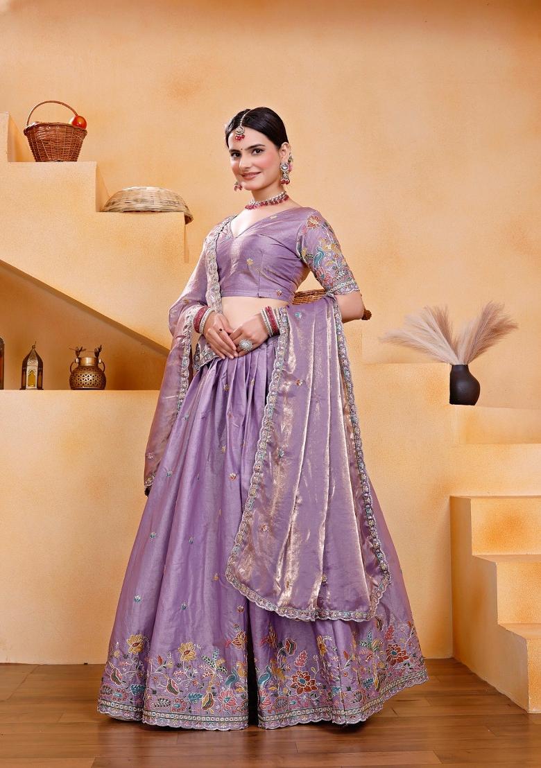 Lavender Embroidery Georgette Lehenga Set - Indya
