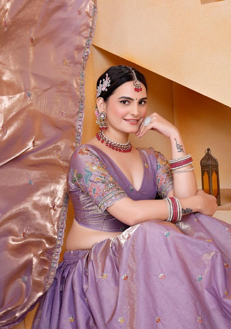 Lavender Embroidery Georgette Lehenga Set - Indya