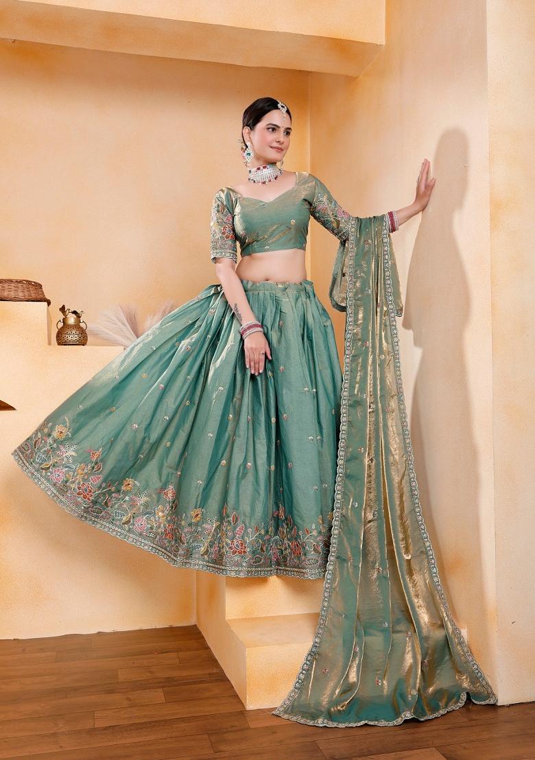 Green Embroidery Georgette Lehenga Set - Indya