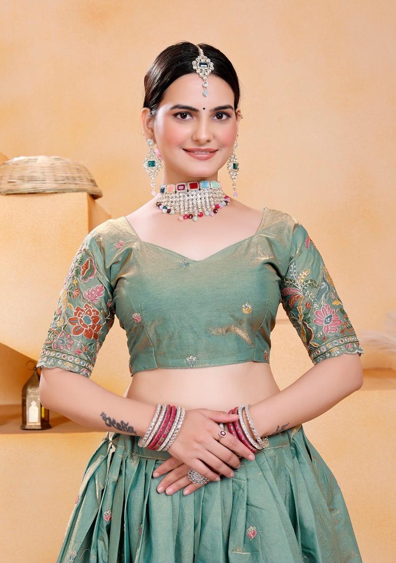 Green Embroidery Georgette Lehenga Set - Indya