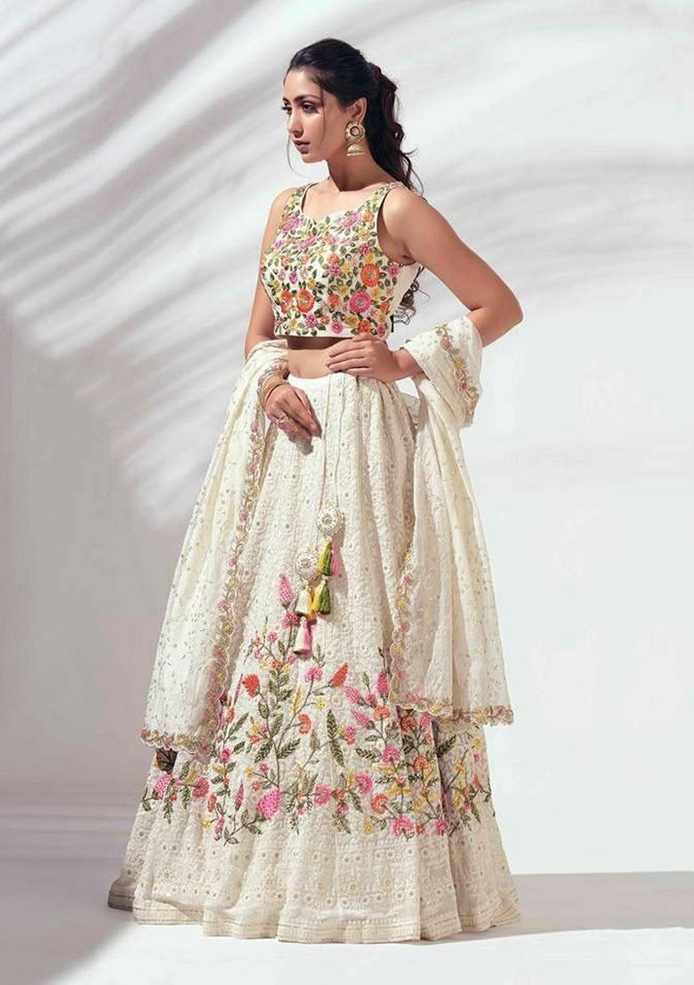 White Embroidery Georgette Lehenga Set - Indya