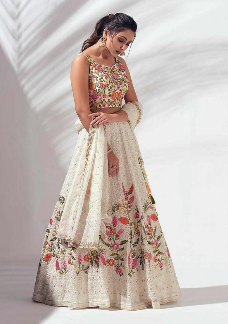 White Embroidery Georgette Lehenga Set - Indya