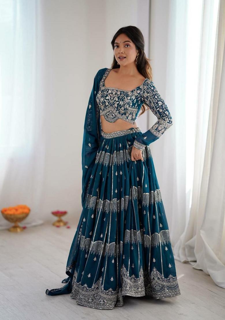 Rama Embroidery Georgette Lehenga Set - Indya