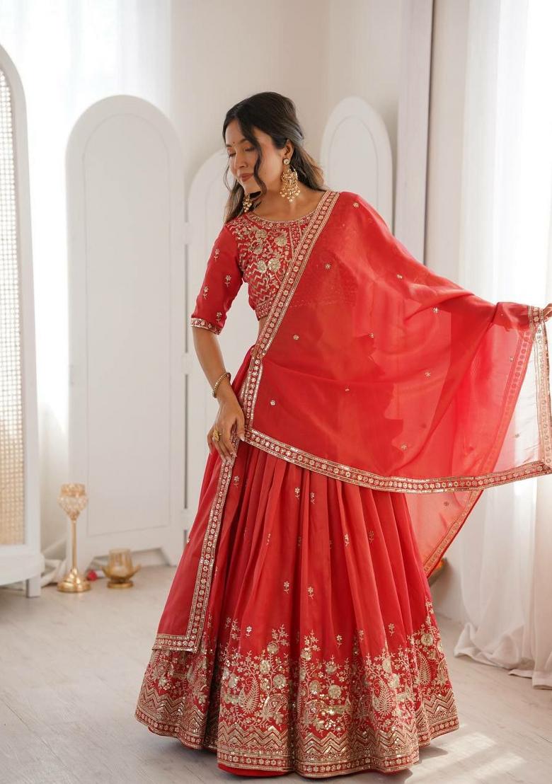 Peach Embroidery Silk Lehenga Set - Indya