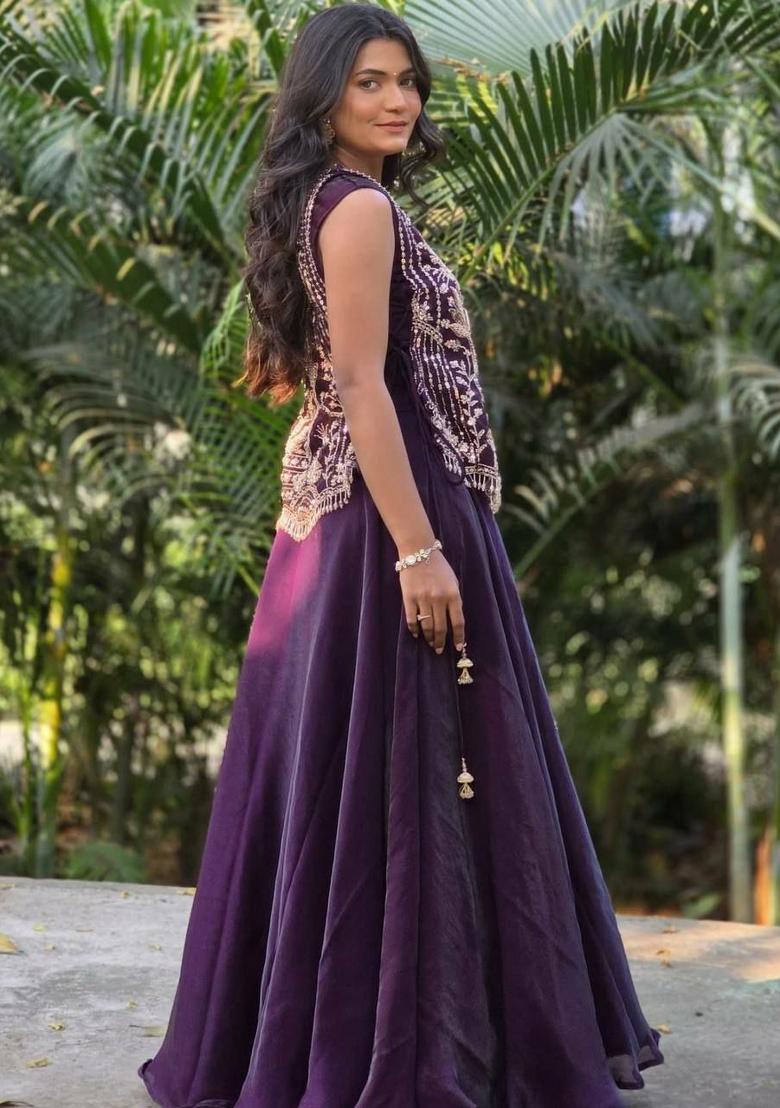 Purple Embroidery Silk Lehenga Set - Indya