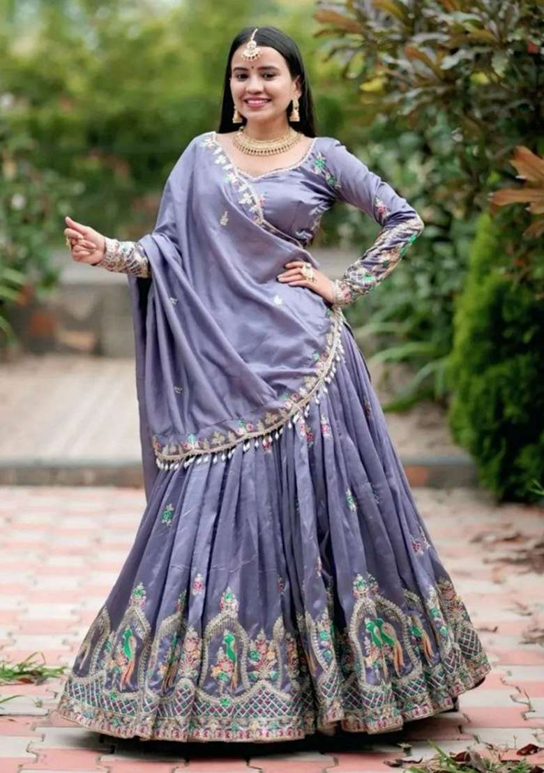 Lavender Embroidery Chinon Lehenga Set for Diwali and Festive Wear - Indya