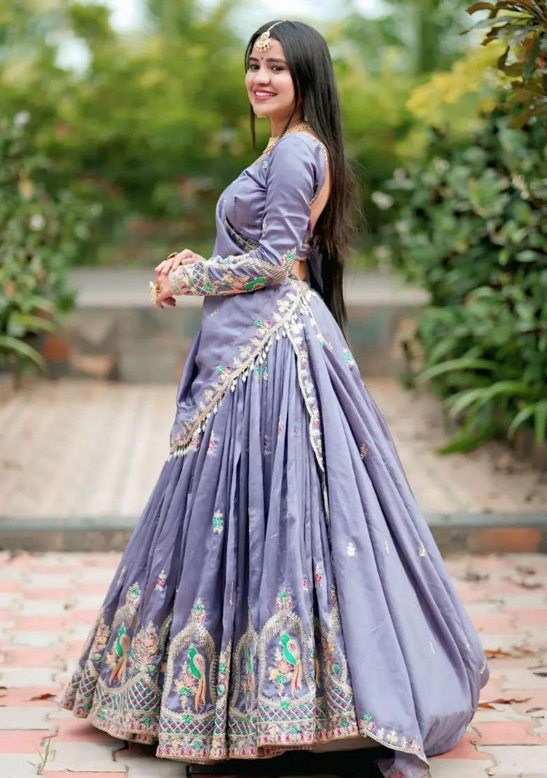 Lavender Embroidery Chinon Lehenga Set - Indya