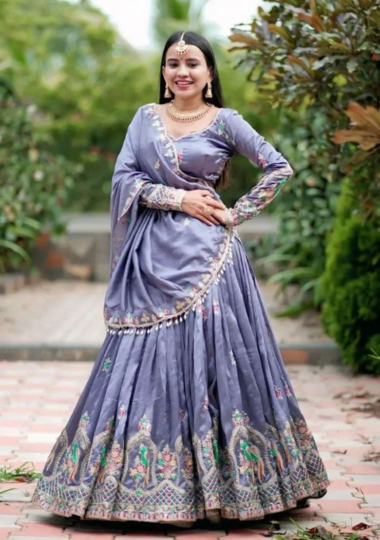 Lavender Embroidery Chinon Lehenga Set for Diwali and Festive Wear - Indya