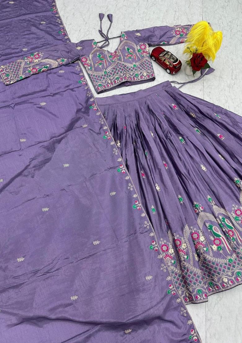 Lavender Embroidery Chinon Lehenga Set - Indya