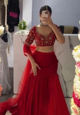 Red Embroidery Georgette Lehenga Set