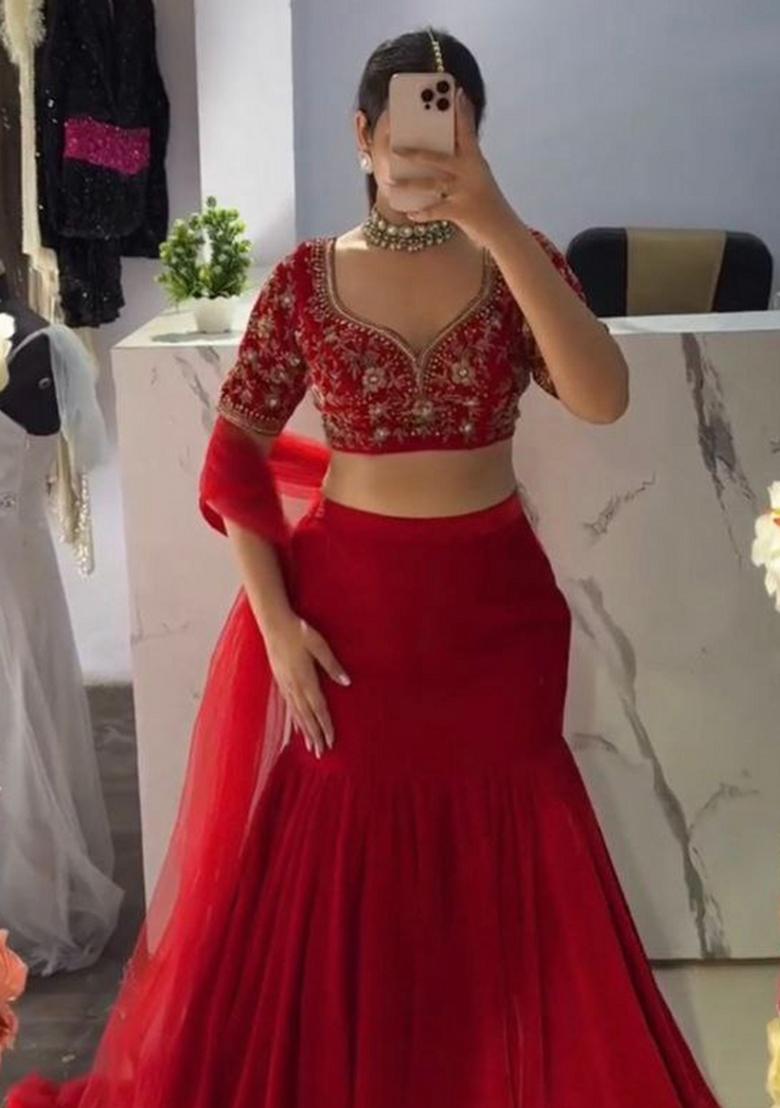 Red Embroidery Georgette Lehenga Set - Indya