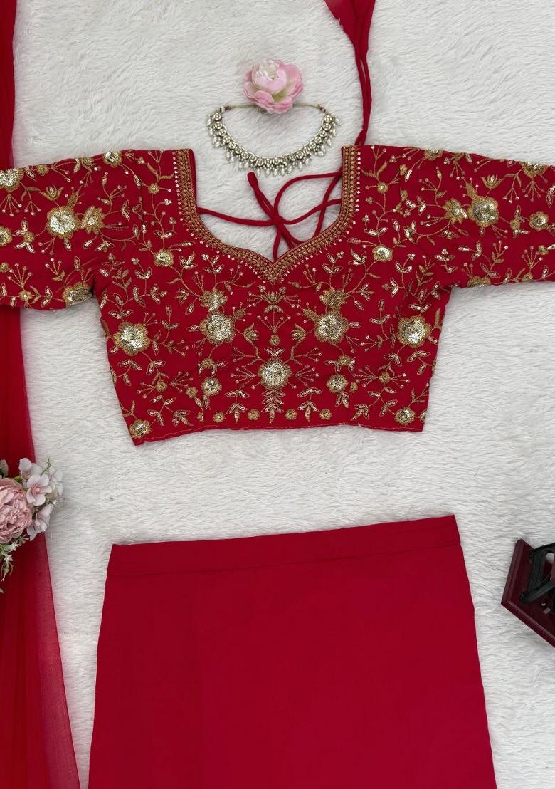 Red Embroidery Georgette Lehenga Set - Indya