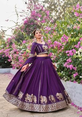 Purple Embroidery Vichitra Lehenga Set