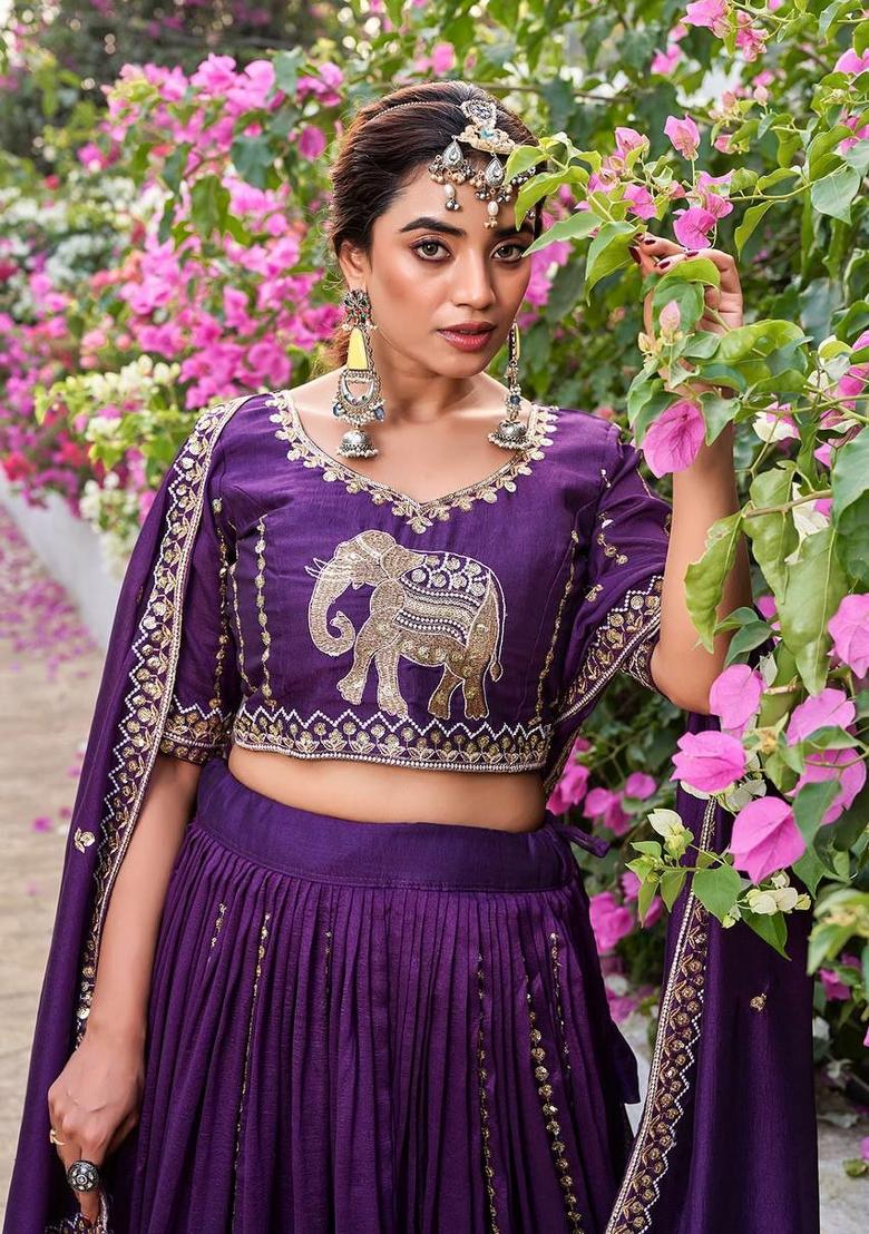 Purple Embroidery Vichitra Lehenga Set - Indya