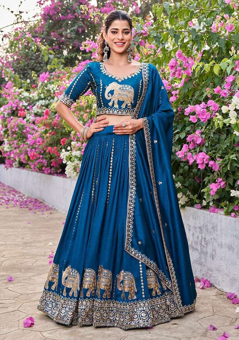 Rama Vichitra Lehenga Set with Embroidery for Diwali | Wedding & Festive Wear - Indya