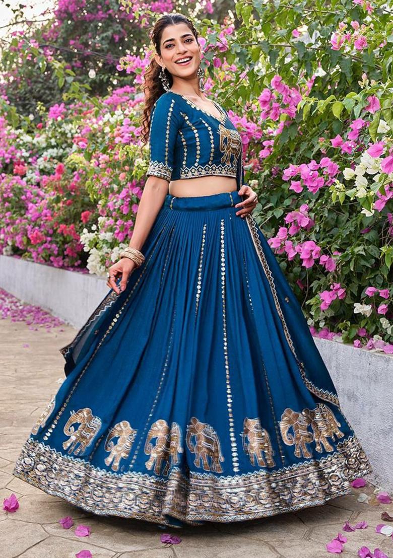 Rama Embroidery Vichitra Lehenga Set - Indya