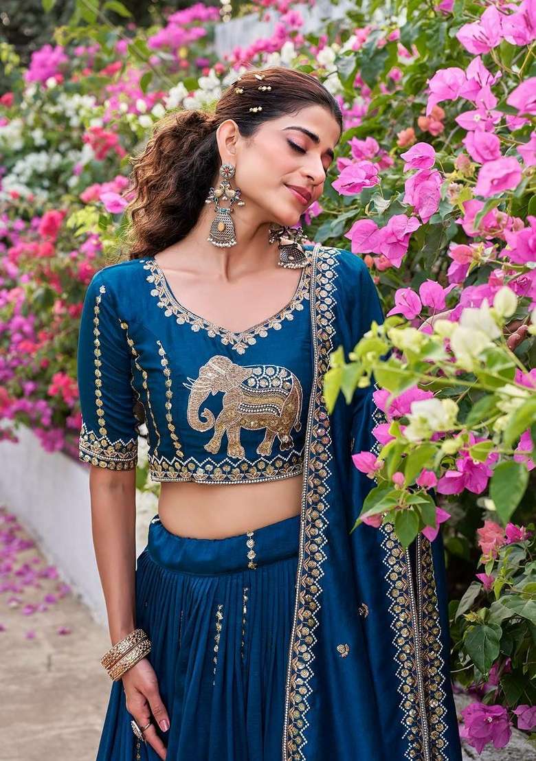 Rama Vichitra Lehenga Set with Embroidery for Diwali | Wedding & Festive Wear - Indya