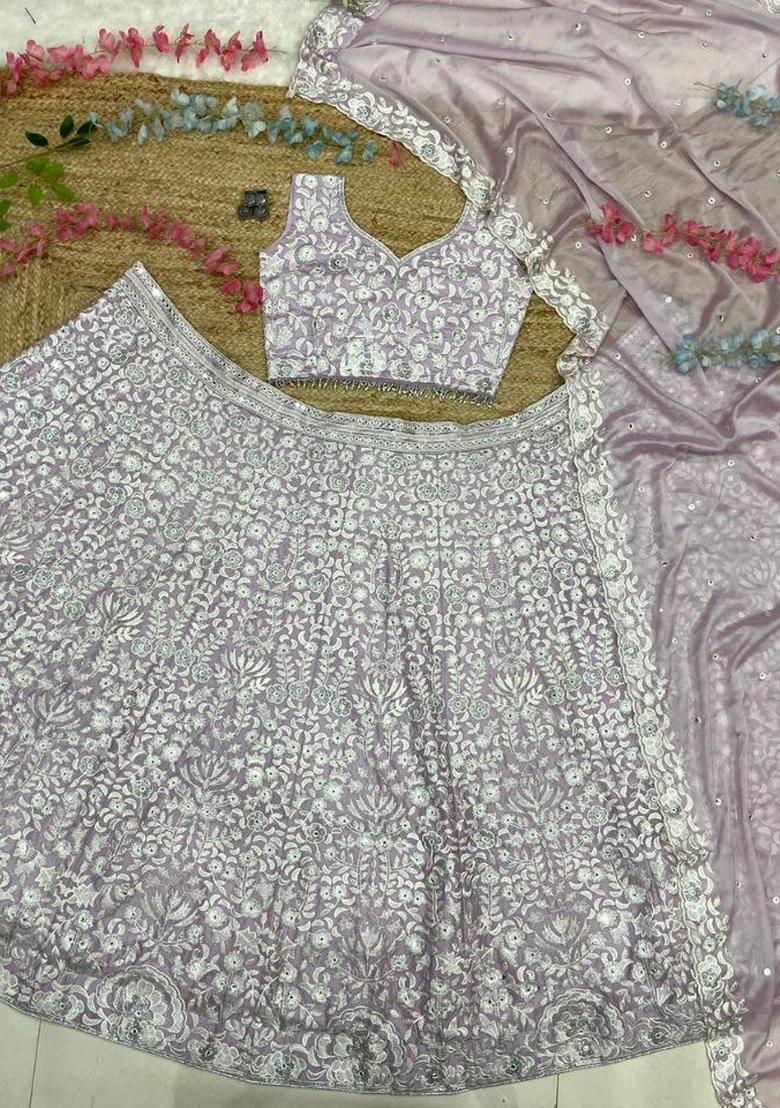 Lavender Embroidery Silk Lehenga Set - Indya