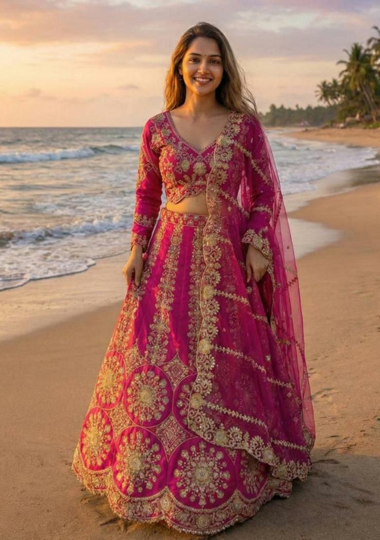 Rani Pink Embroidery Silk Lehenga Set - Indya