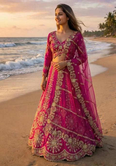 Rani Pink Embroidery Silk Blend Lehenga Set